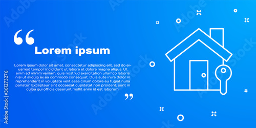White line House with key icon isolated on blue background. The concept of the house turnkey. Vector Illustration.
