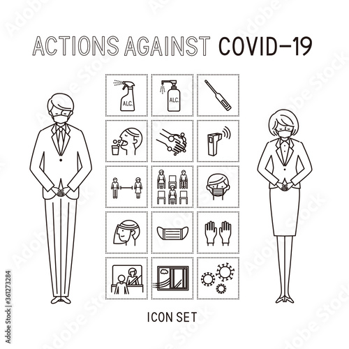 ビジネスシーン：コロナ対策アイコンセット1（線画）
