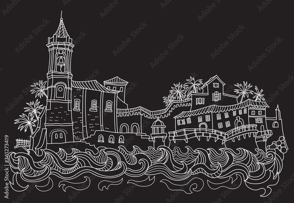 Vector fantasy urban Mediterranean landscape with sea waves, medieval European old town castle, fairy tale buildings. Hand drawn white doodle sketch on a black backdrop.Tee shirt print, brochure cover