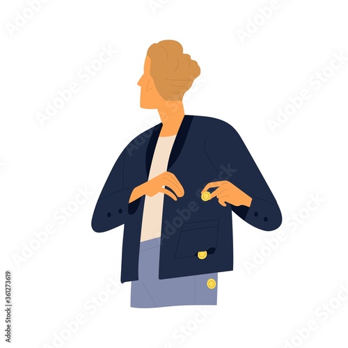 Modern guy careless put coins in holey pocket vector flat illustration. Male with coin falling out during inability planning expenses isolated on white. Concept of loss, spend or waste money