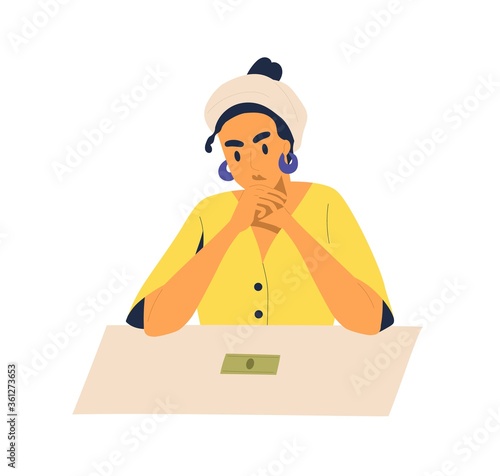 Pensive woman sitting with last cash on table vector flat illustration. Female looking on banknote feeling poorness and lack of money isolated on white. Concept of bankruptcy and financial problem