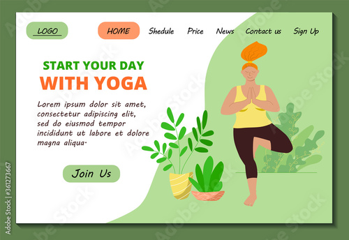 Web page template for Home yoga online classes. Beautiful overweight girl doing asana tree. Body positive. Stock modern flat illustration  for landing page. Website design easy to edit and customize.