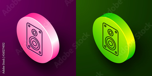 Isometric line Stereo speaker icon isolated on purple and green background. Sound system speakers. Music icon. Musical column speaker bass equipment. Circle button. Vector Illustration.