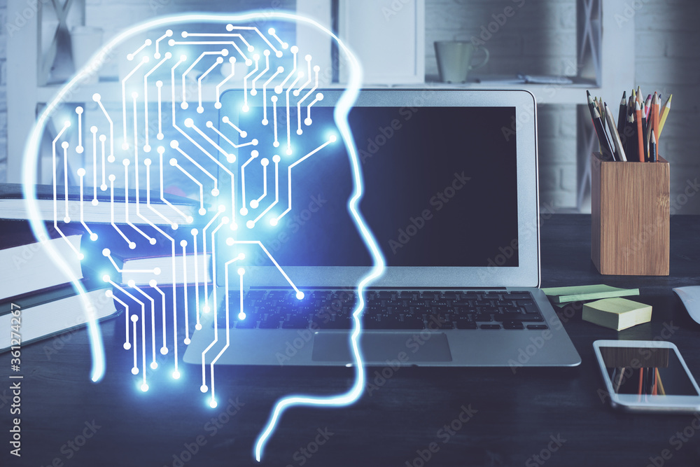 Double exposure of work table with computer and brain sketch hologram. Brainstorming concept. Double exposure of work table with computer and brain sketch hologram. Brainstorming concept.