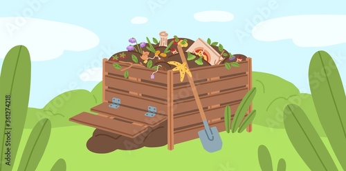 Compost box with bio recycling garbage vector illustration. Pile of waste products for organic fertilizer. Agricultural gardening recycle. Bin with natural trash to reduce environmental pollution