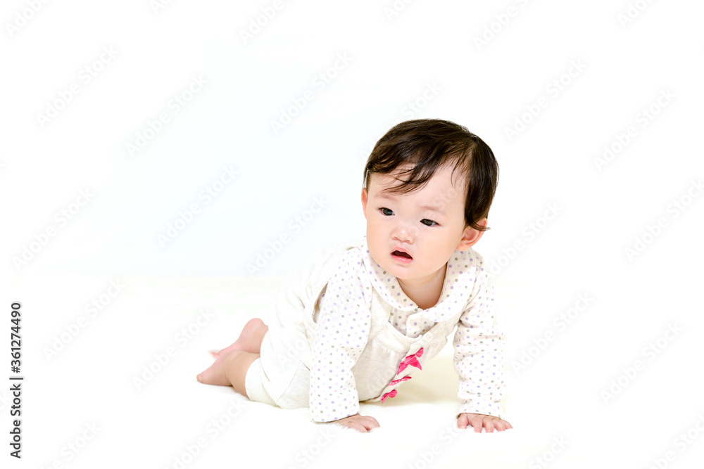 白背景の前をハイハイする赤ちゃん
