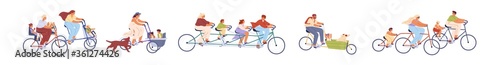 Set of children with parents on bicycles vector illustration. Collection of different active families cycling together isolated on white. Men, women, kids and dogs enjoy outdoors activities