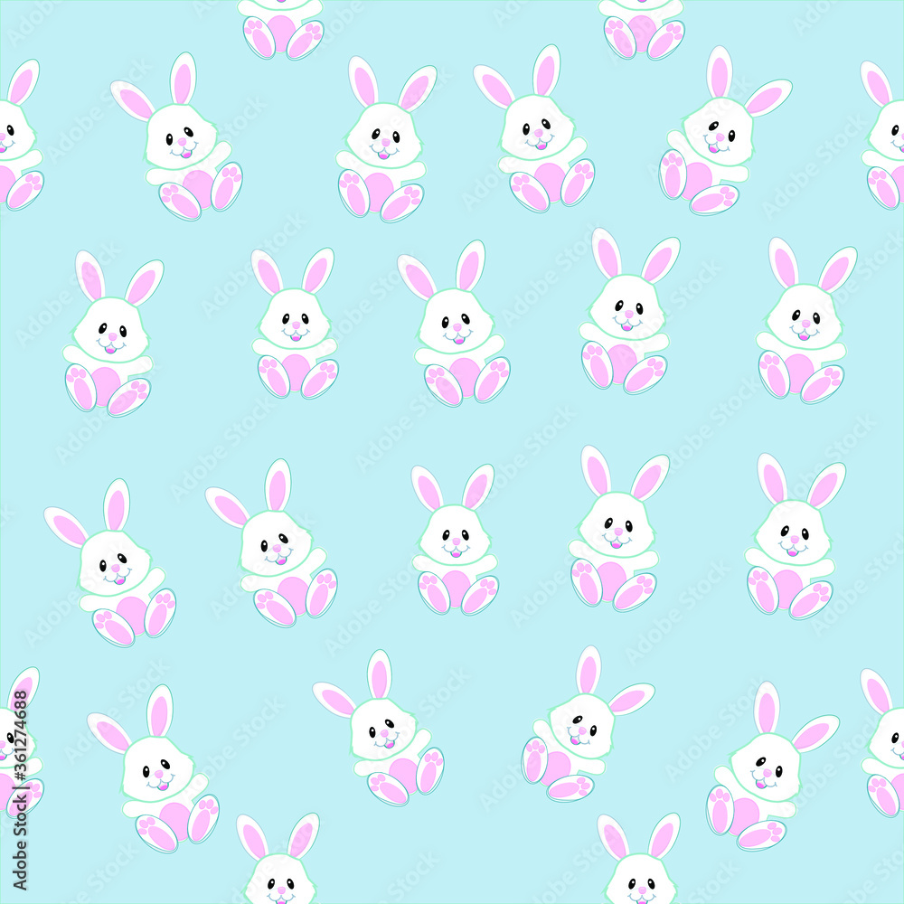 Seamless Pattern of Cartoon Bunny Design on Pastel color Background
Nursery Art Vector Layout. Funny 