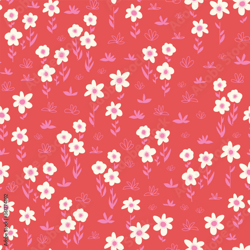 White flowers seamless vector pattern on a red background. Bold florals Scandinavian flat style repeating backdrop. Botanical minimalistic doodle flowers white pink red for fabric, home decor, summer 