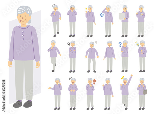 .Illustration set of senior woman wearing purple clothes