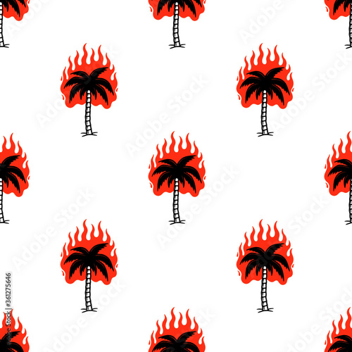 BURNING PALM TREE COLOR BLACK SEAMLESS PATTERN WHITE BACKGROUND