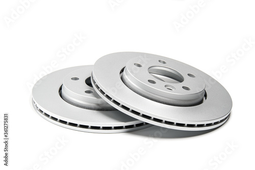 Brand new brake discs for the minivan or transporter car. Isolated on white. photo