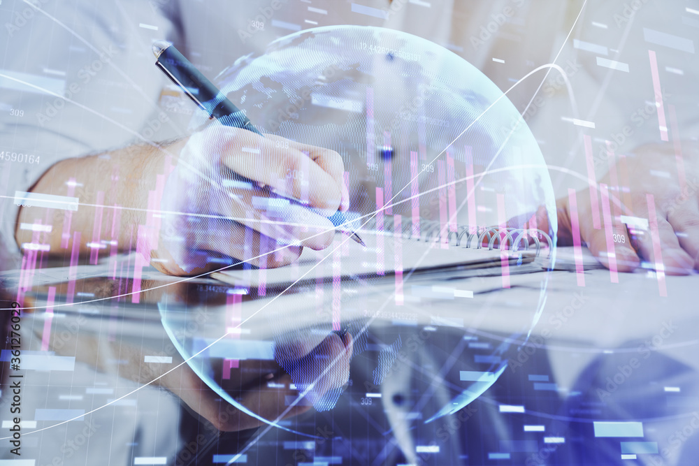 Multi exposure of man planing investment with stock market forex chart. Multi exposure of man planing investment with stock market forex chart.