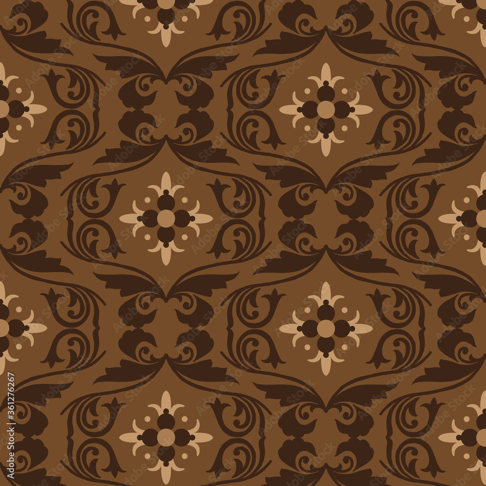 Unique flower pattern on Central Java batik with simple dark brown color design Unique flower pattern on Central Java batik with simple dark brown color design