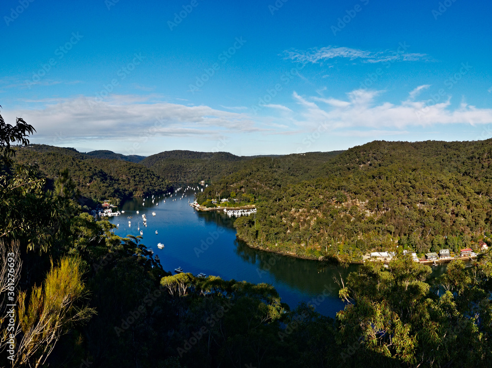 Beautiful view of Berowra Creek from top of a mountain, Berowra Waters, Berowra Valley National Park, New South Wales, Australia
