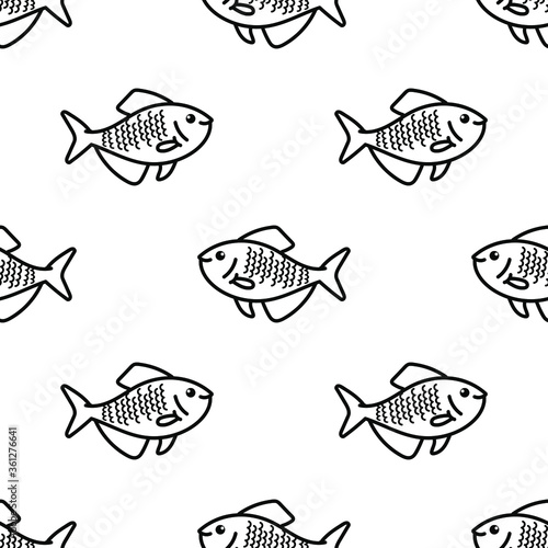 vector illustration linear hand drawing outline seamless pattern sea bottom and its inhabitant cute funny fishes