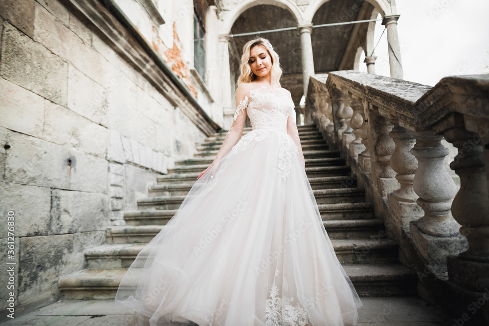 Beauty portrait of bride wearing fashion wedding dress with feathers with luxury delight make-up and hairstyle Beauty portrait of bride wearing fashion wedding dress with feathers with luxury delight make-up and hairstyle