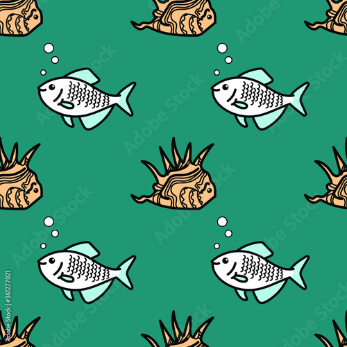 vector illustration linear hand-drawn outline with color seamless pattern the seabed and its inhabitants cute funny fishes and shells on a blue-green background