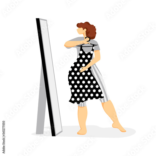 fitting clothes. vector image of a woman trying on a dress in front of a mirror