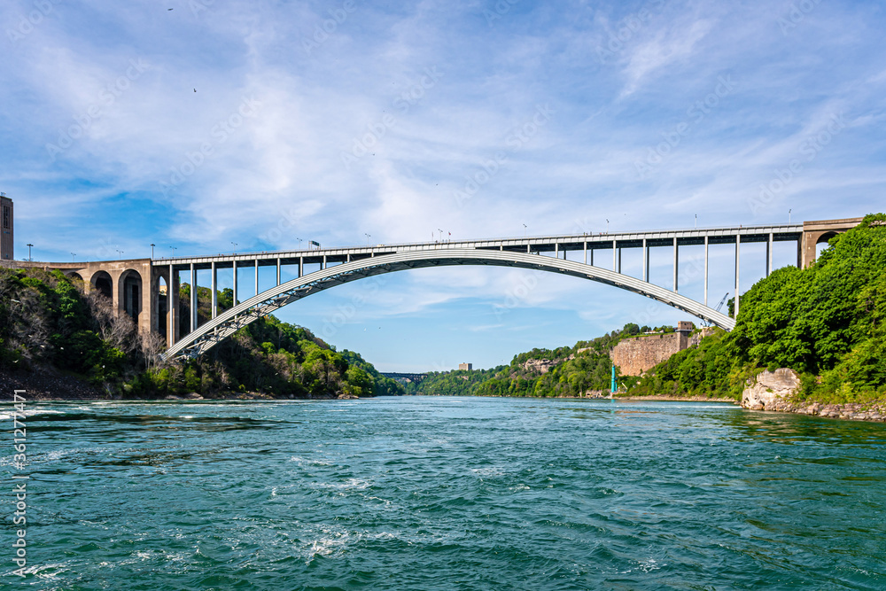 Rainbow Bridge over river with blue sky, Niagara falls, USA and Canada Border Rainbow Bridge over river with blue sky, Niagara falls, USA and Canada Border
