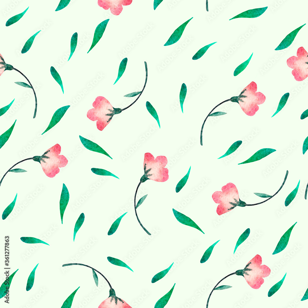 Seamless simple watercolor pattern. Pink flowers and leaves on pastel green background Seamless simple watercolor pattern. Pink flowers and leaves on pastel green background