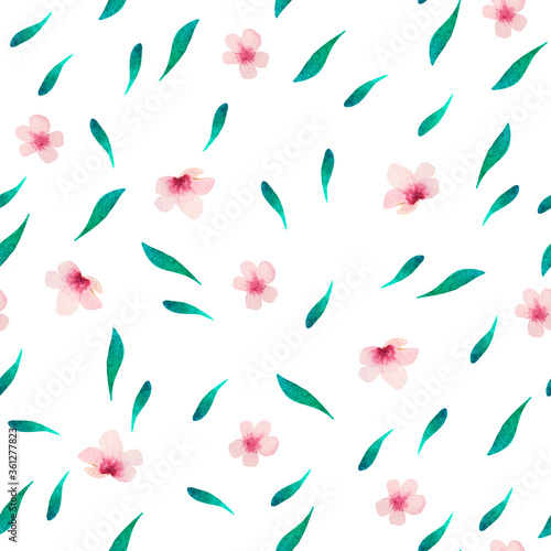 Seamless simple watercolor pattern. Pink flowers and green leaves on a white background
