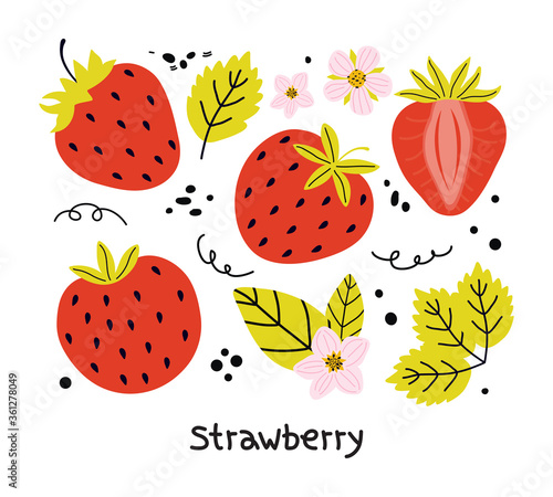 Hand drawn set of red strawberries with leaves and flowers isolated on a white background. Elements of juicy summer berries for the design of stickers, menu posters. Vector flat illustration.
