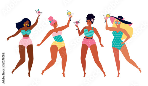 Female friends at a summer beach party. Funny girls in swimsuits drink a fruit cocktail. Summer holidays by the sea. Women of different nationalities and cultures. Hand drawn vector illustration