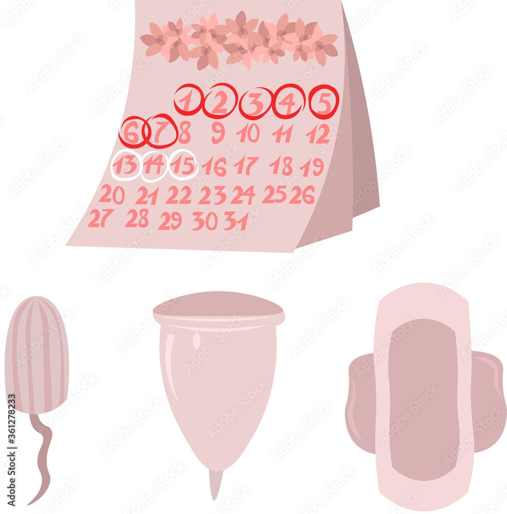Obraz premium Set of objects for women's health. Pregnancy, ovulation and menstruation. Calendar with flowers, swab, pad and menstrual cup. Pink design.