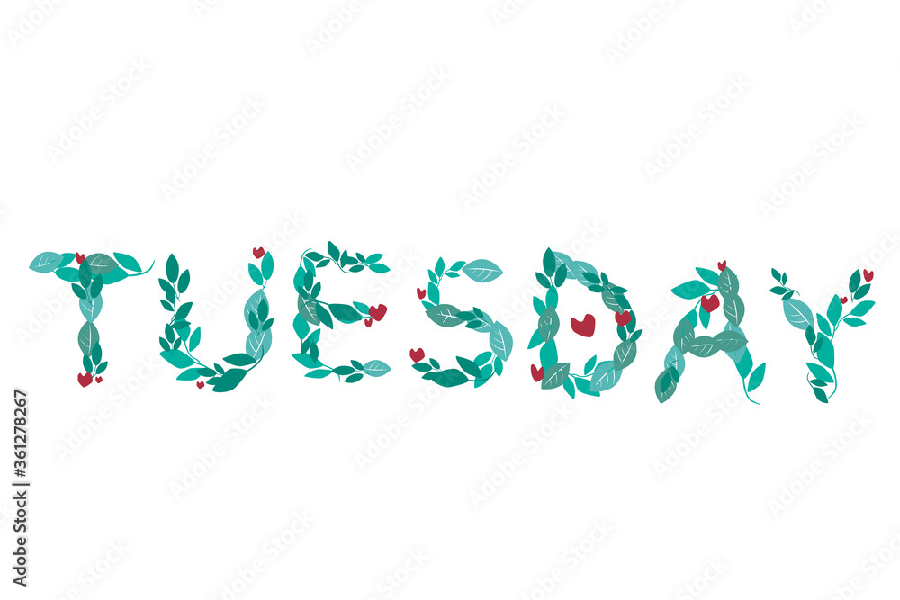 Tuesday as text or word with font from green leaves isolated on white background for organizer or bullet journal, vector stock illustration with text of the day of the week
