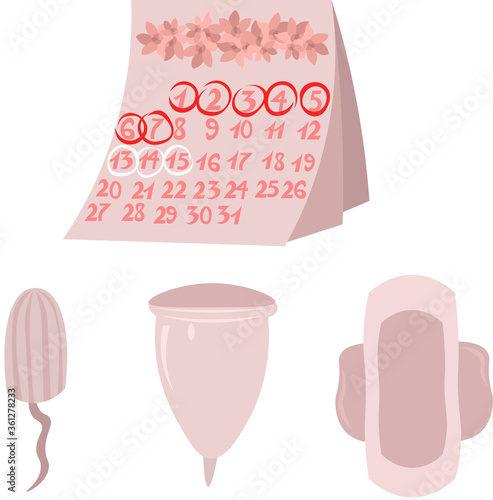 Set of objects for women's health. Pregnancy, ovulation and menstruation. Calendar with flowers, swab, pad and menstrual cup. Pink design.