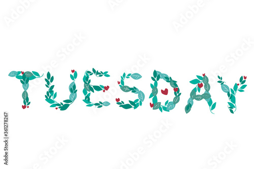 Tuesday as text or word with font from green leaves isolated on white background for organizer or bullet journal, vector stock illustration with text of the day of the week