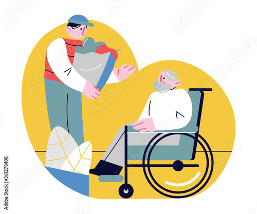 Young man bringing and delivering food in bag and helping elderly man