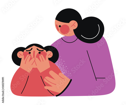 Young mother hugging small daughter victim of domestic violence