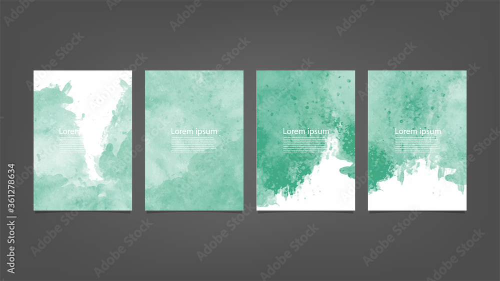 Big set of bright vector green watercolor on vertical black background for brochure poster or flyer