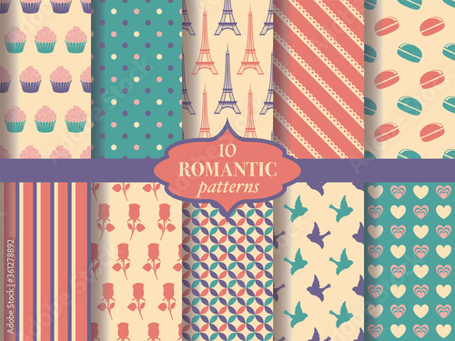 Set of the seamless romantic patterns, sweet heart, spring theme. Vector illustration.