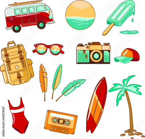 Beach vocation summer set Serf board minivan travel vector flat illustration