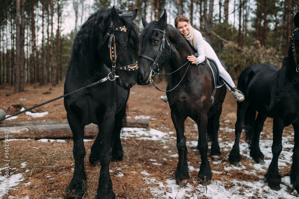 Picture of a beautiful young rider with three black horses Picture of a beautiful young rider with three black horses