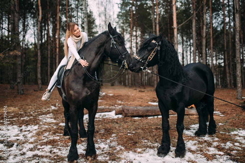 Handsome caucasian woman with fair hair in warm clothes goes for a walk with two black horses in winter forest. Handsome caucasian woman with fair hair in warm clothes goes for a walk with two black horses in winter forest.