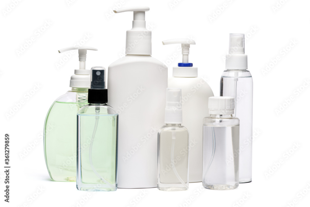 group of hand sanitizer spray and liquid soap bottles isolated on white background group of hand sanitizer spray and liquid soap bottles isolated on white background