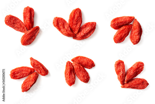 dried Chinese wolfberries isolated on white background, top view