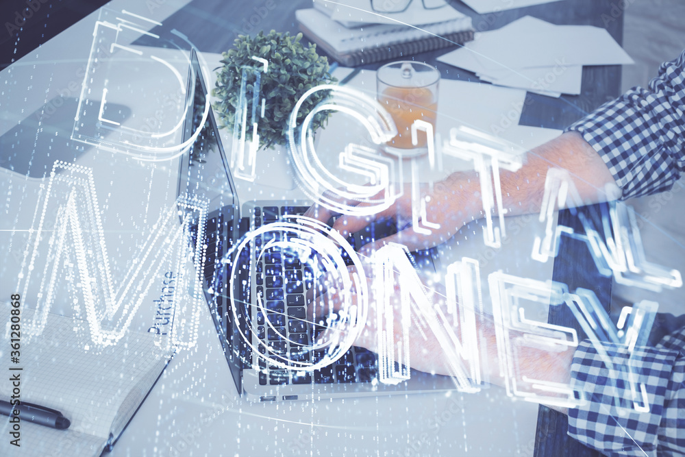 Blockchain theme hud with businessman working on computer on background. Concept of crypto chain. Multi exposure. Blockchain theme hud with businessman working on computer on background. Concept of crypto chain. Multi exposure.