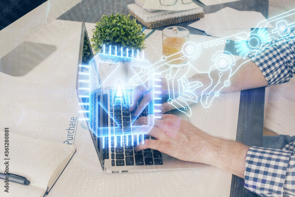 Multi exposure of tech drawings with man working on computer background. Concept of innovation. Multi exposure of tech drawings with man working on computer background. Concept of innovation.