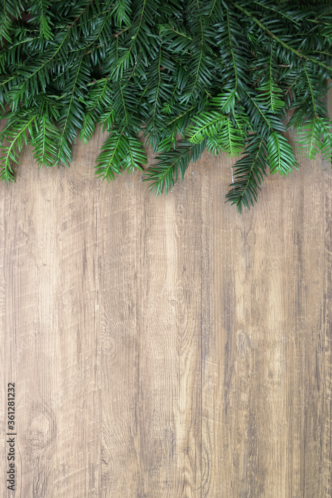 Fond de Noël avec branches de sapin sur planche de bois avec place pour le texte Fond de Noël avec branches de sapin sur planche de bois avec place pour le texte