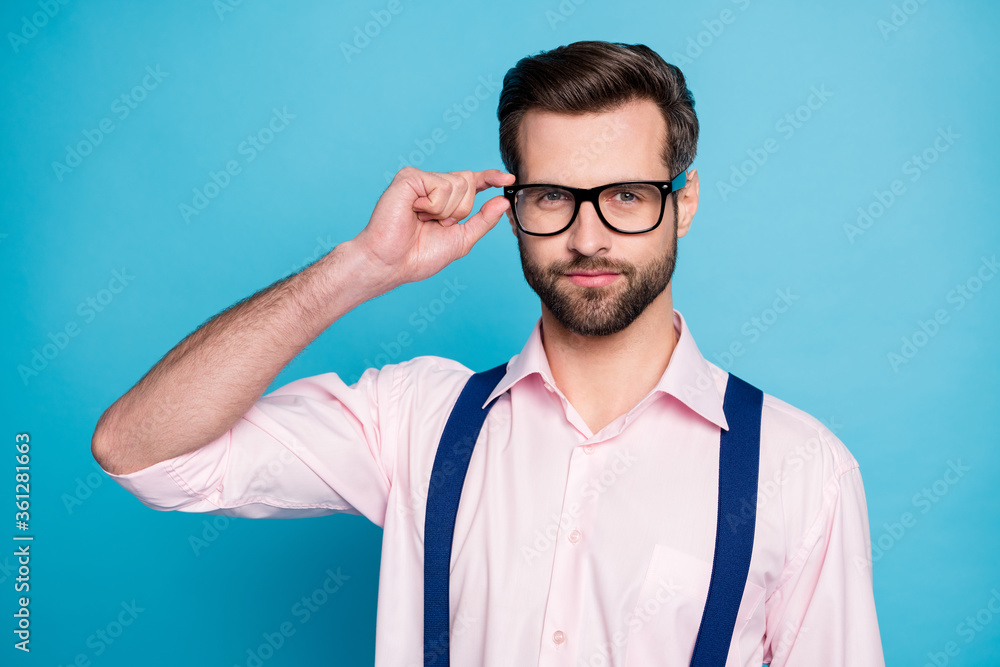 Fototapeta premium Photo of handsome macho business man cool clothes guy smile without teeth eyesight care vision touch specs wear pink shirt suspenders isolated pastel blue color background
