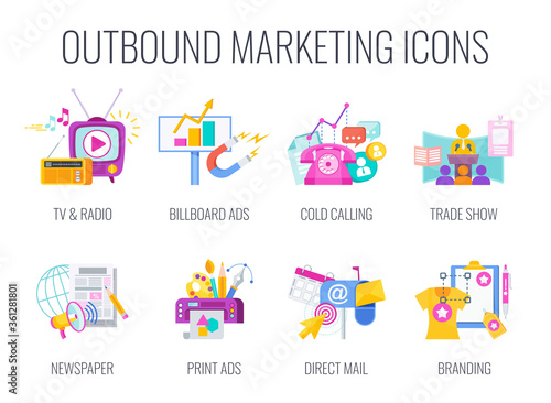 Outbound Marketing Icons. Traditional marketing flat vector illustration.