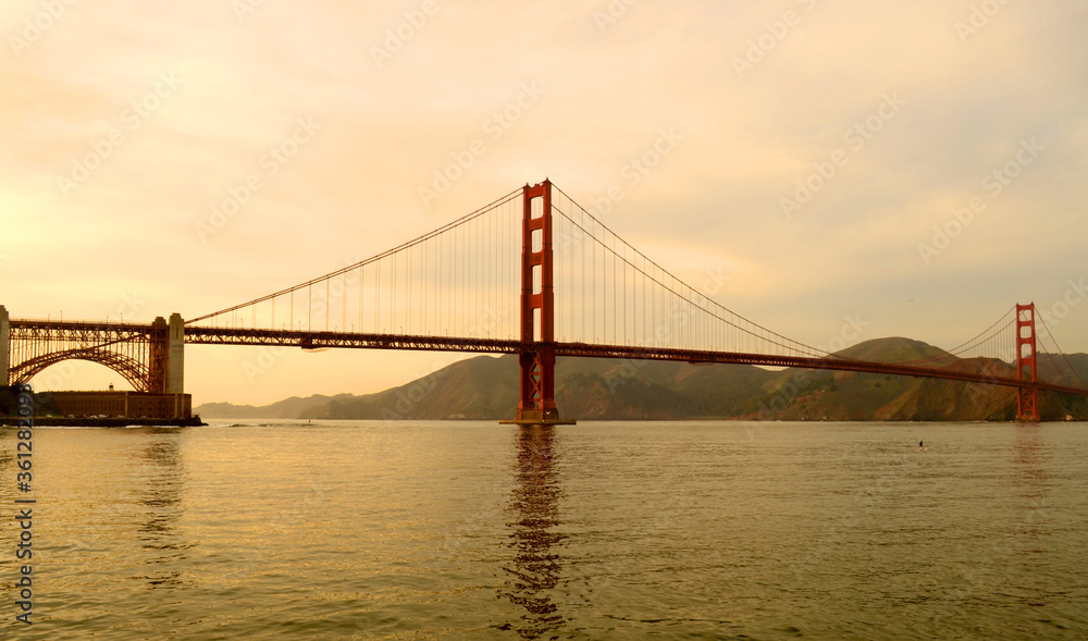 San Francisco 2013, The smooth curve of the Golden gate Bridge in the bay with nice dusk colors