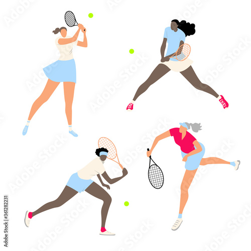 Shot, match pose competition. Ball hit collection. Woman and racket. Set of vector illustration of woman character holding tennis racquet and striking different posses isolated on white background