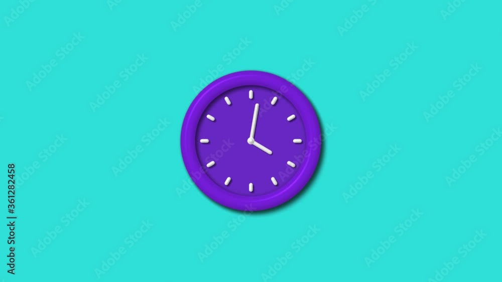 12 hours purple color 3d wall clock isolated on cyan background,Clock animation video footage 12 hours purple color 3d wall clock isolated on cyan background,Clock animation video footage