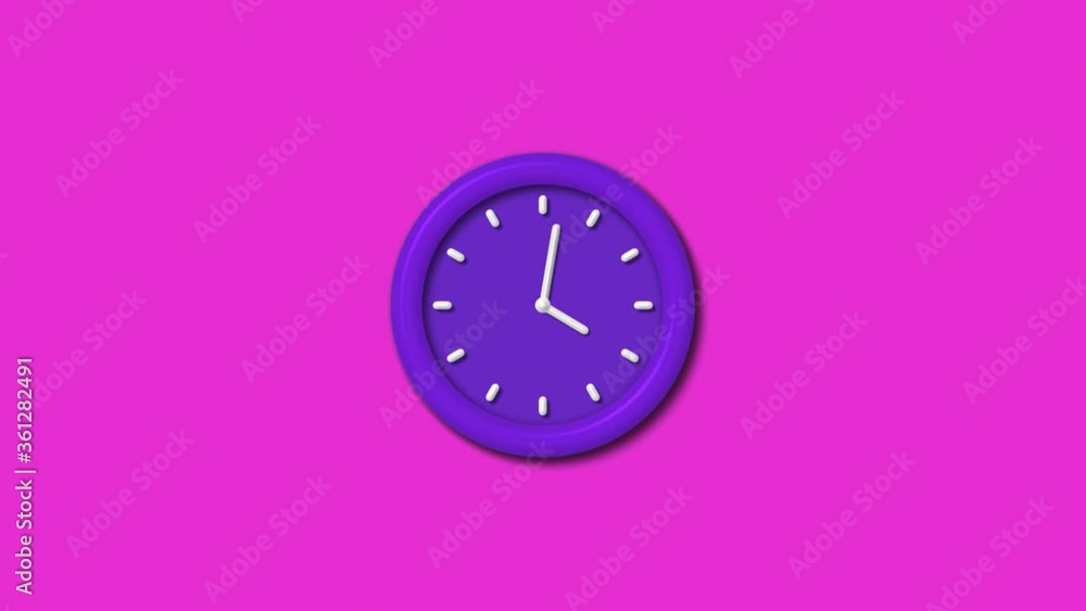 Amazing purple color 3d wall clock isolated on pink background,12 hours clock animation Amazing purple color 3d wall clock isolated on pink background,12 hours clock animation